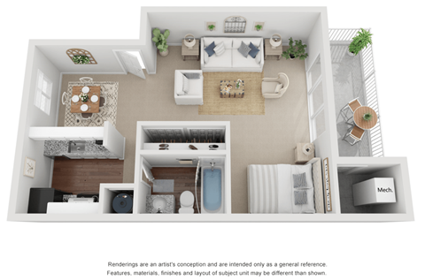 Studio Floor Plan 619 sq ft 3D.